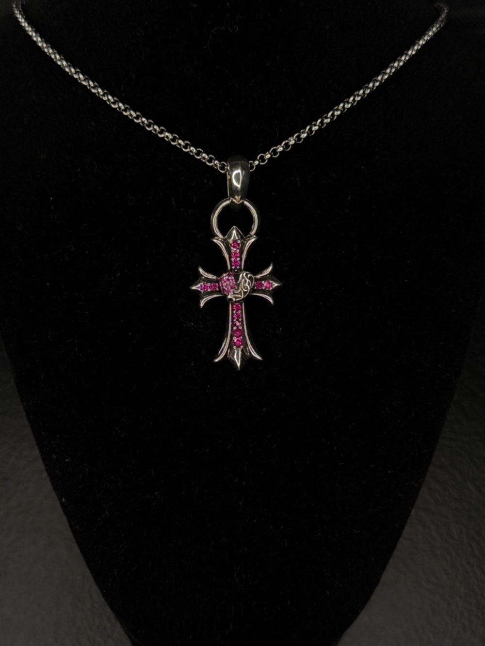 Chrome Hearts Pink Diamond Studded Floral Cross with Heart Unisex Necklace